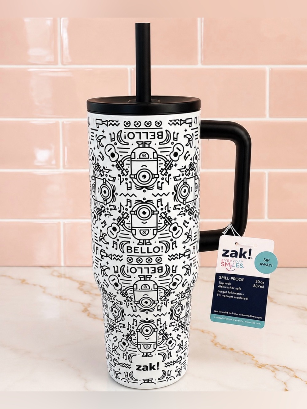 Zak! Minions Bello 30oz Insulated Tumbler Travel Cup Handle Straw NWT